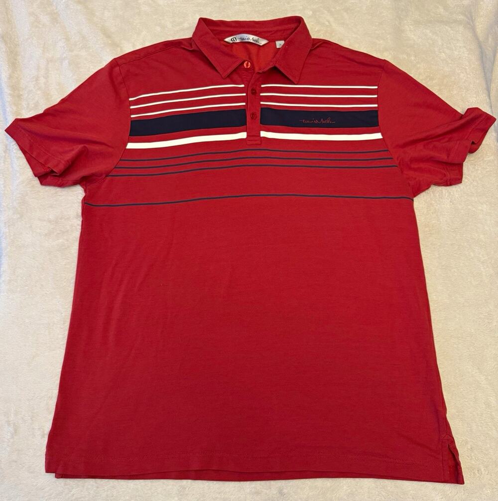 TravisMathew Polo Shirt Men XL Red White Navy Striped Short Sleeve Logo Button